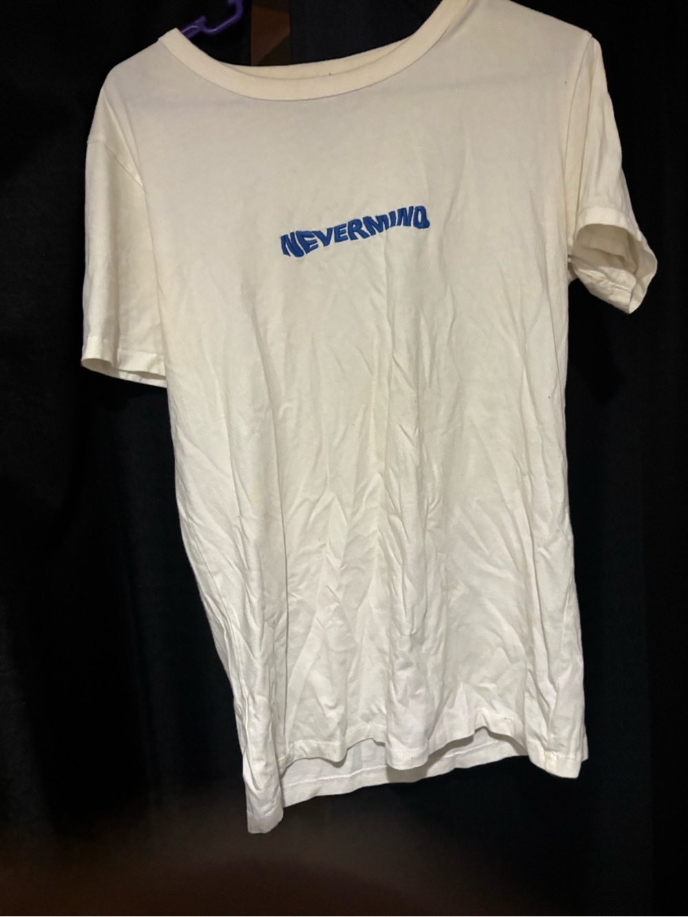 NIRVANA White Tee with Blue "NEVERMIND" Chest Graphic